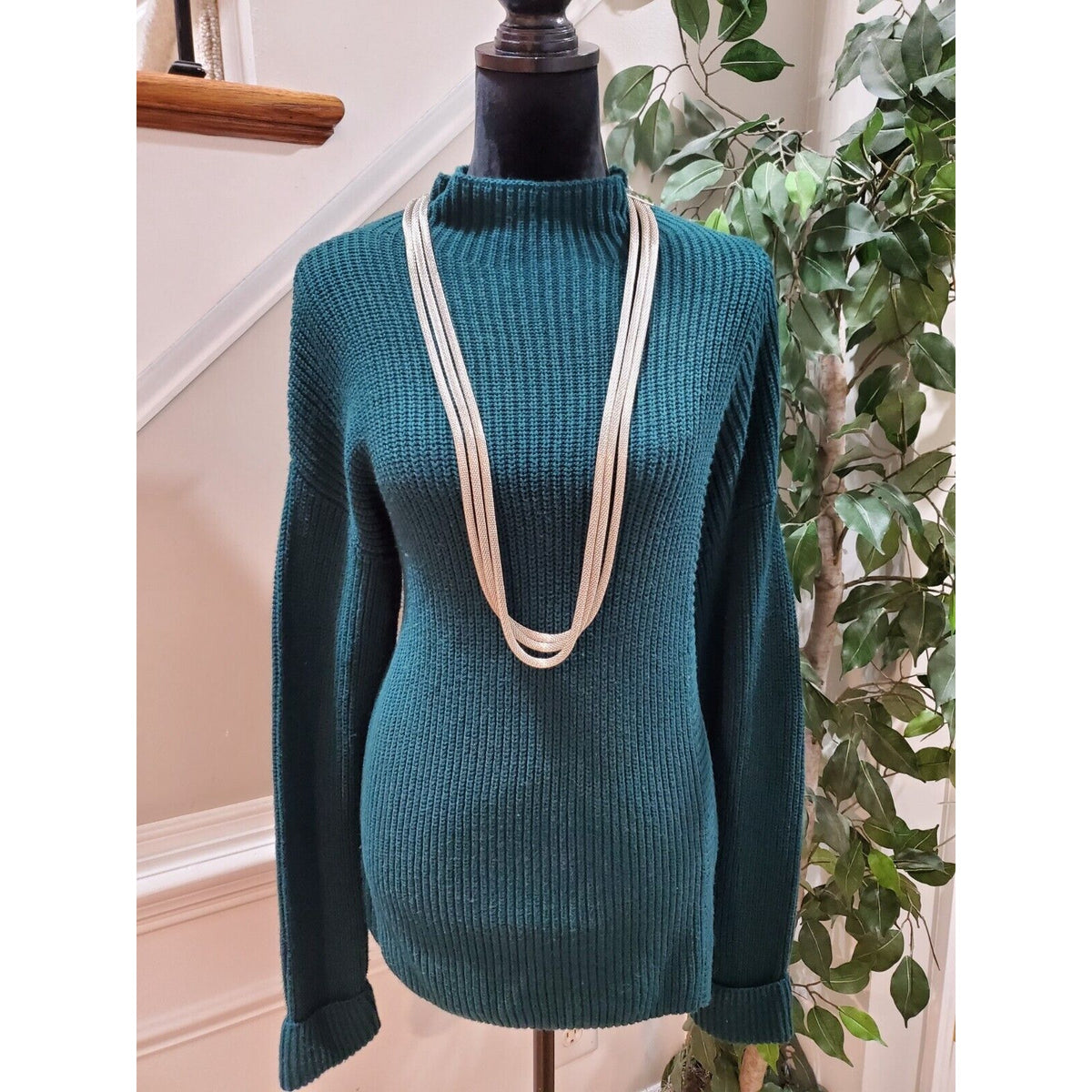 Calson Women's Green Cotton Long Sleeve Mock Neck Pullover Knit Sweater Small