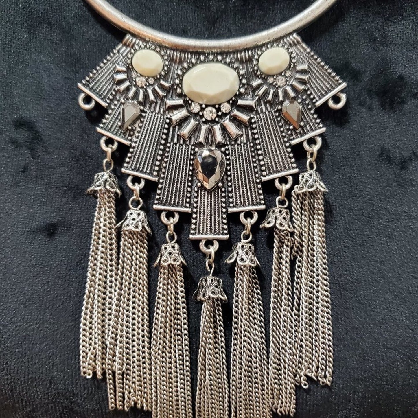 Women's Silver Turkish Statement Long Tassel and Pendant Necklace