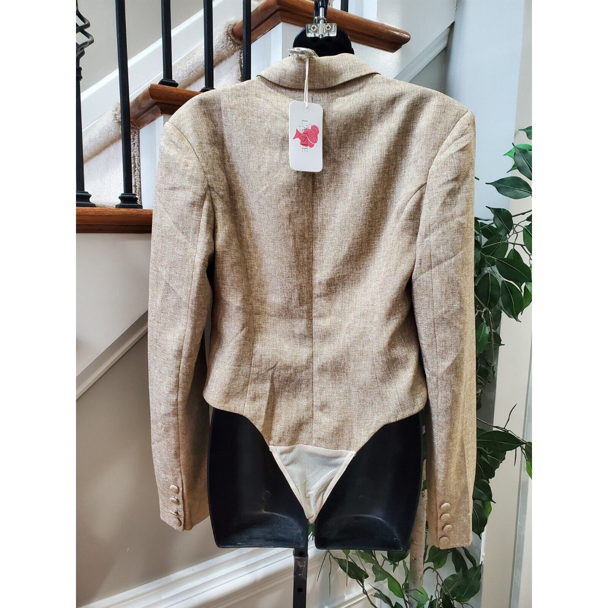 L' Atiste Beige Polyester Full Sleeve Notch Lapel Button Front Bodysuit Blazer M