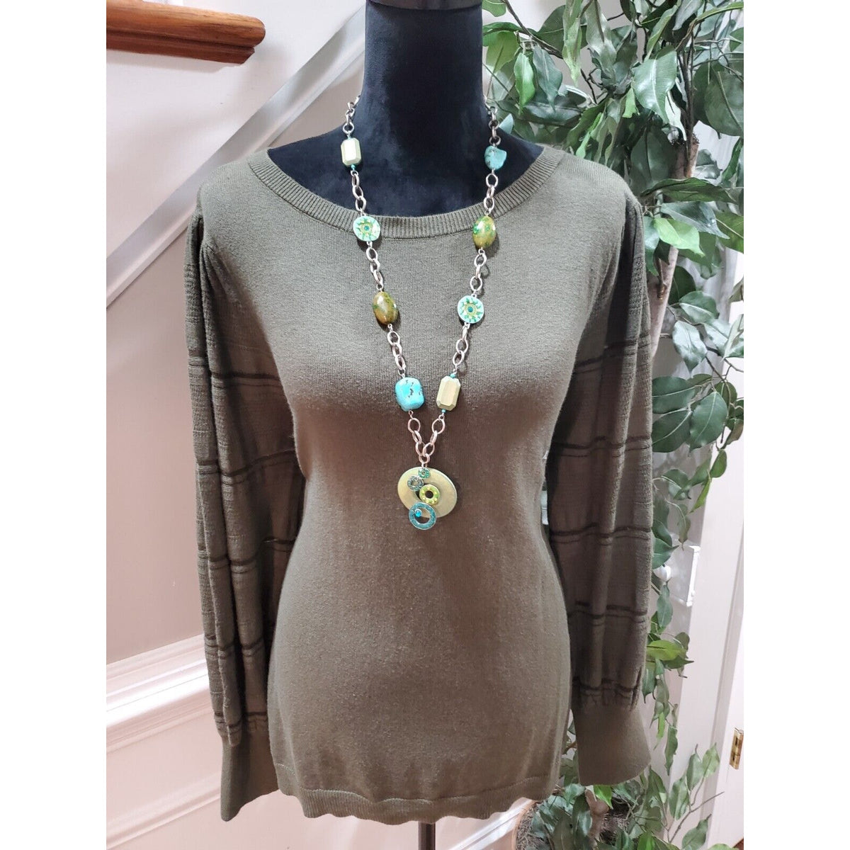 Blu Dahlia Women's Green Cotton Round Neck Long Sleeve Casual Sweater Size XL