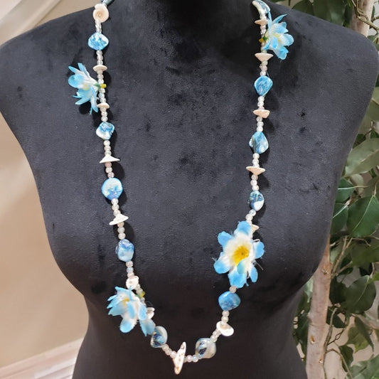 Womens Fashion Faux Pearl, Soft Shell, Flower Beaded Teardrop Necklace