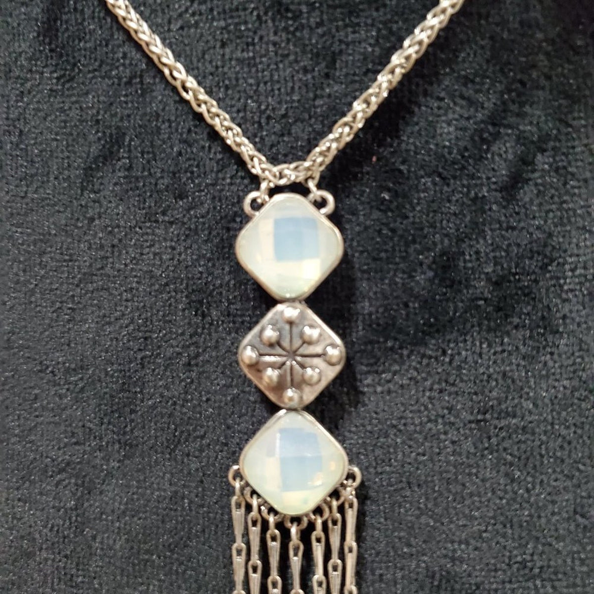 Womens Faux Moonstone Tassel Long Gold Charm Pendant Necklace