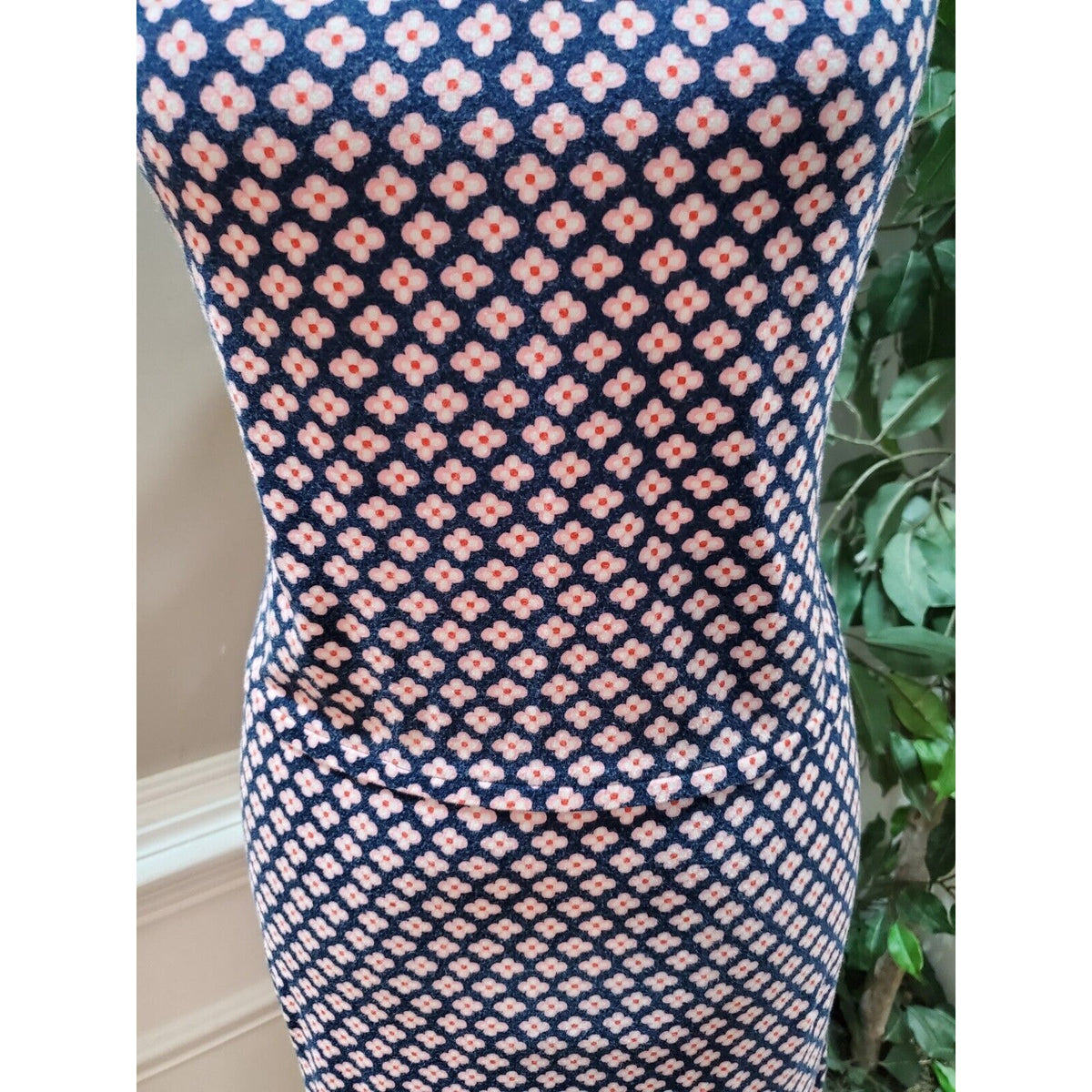 Blue Floral Polyester Round Neck Sleeveless Casual Knee Length Dress Medium