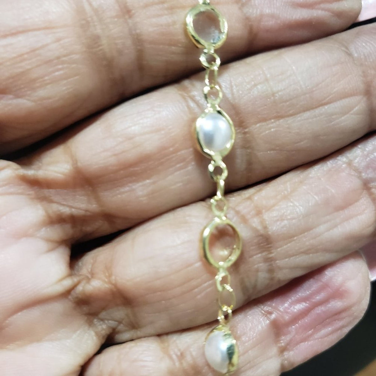Womens Fashion Yellow Gold and Faux Pearl Beads Long Necklace w/ Lobster Clasp