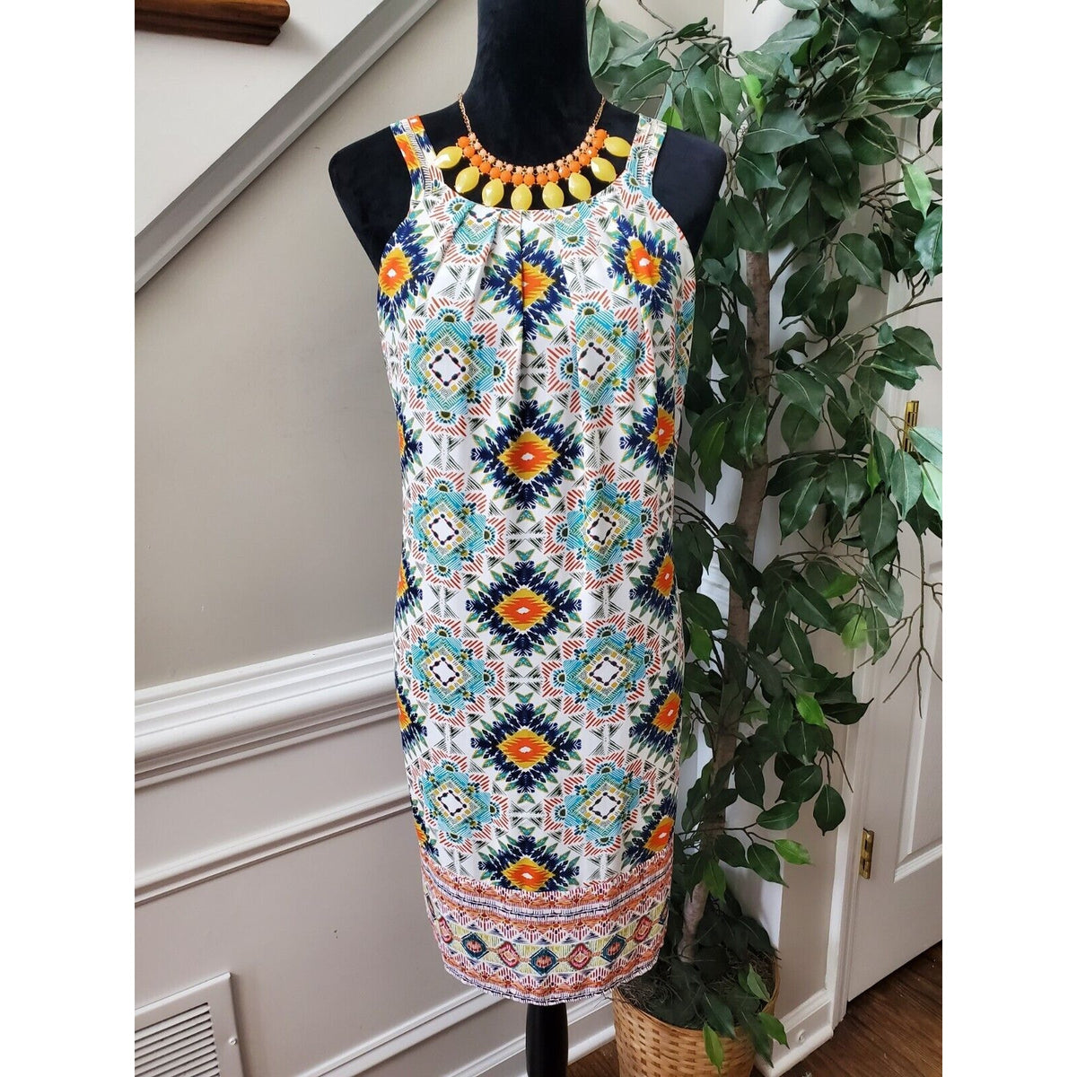 Spense Women Multicolor Polyester Round Neck Sleeveless Knee Length Dress Size L
