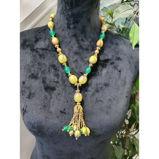 Vintage Wooden Green Olive, Crystal & Gold Ball Dangle Necklace 24"