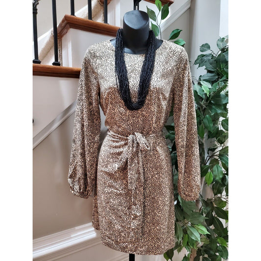 H&M Women's Beige & Black Polyester Round Neck Long Sleeve Knee Length Dress 2