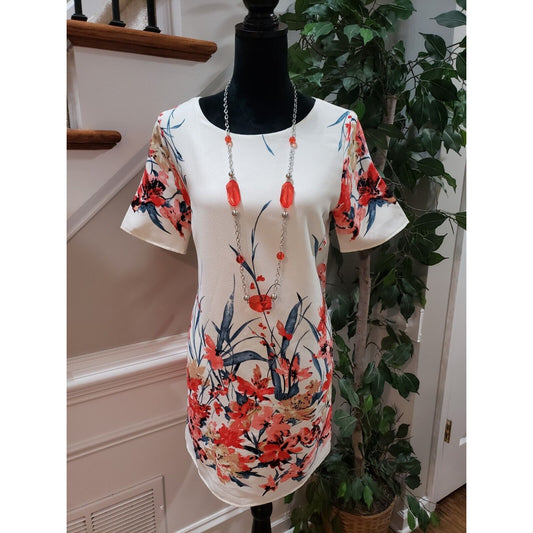 Fabrik Women White Floral 100% Polyester Round Neck Knee Length Dress Size Large