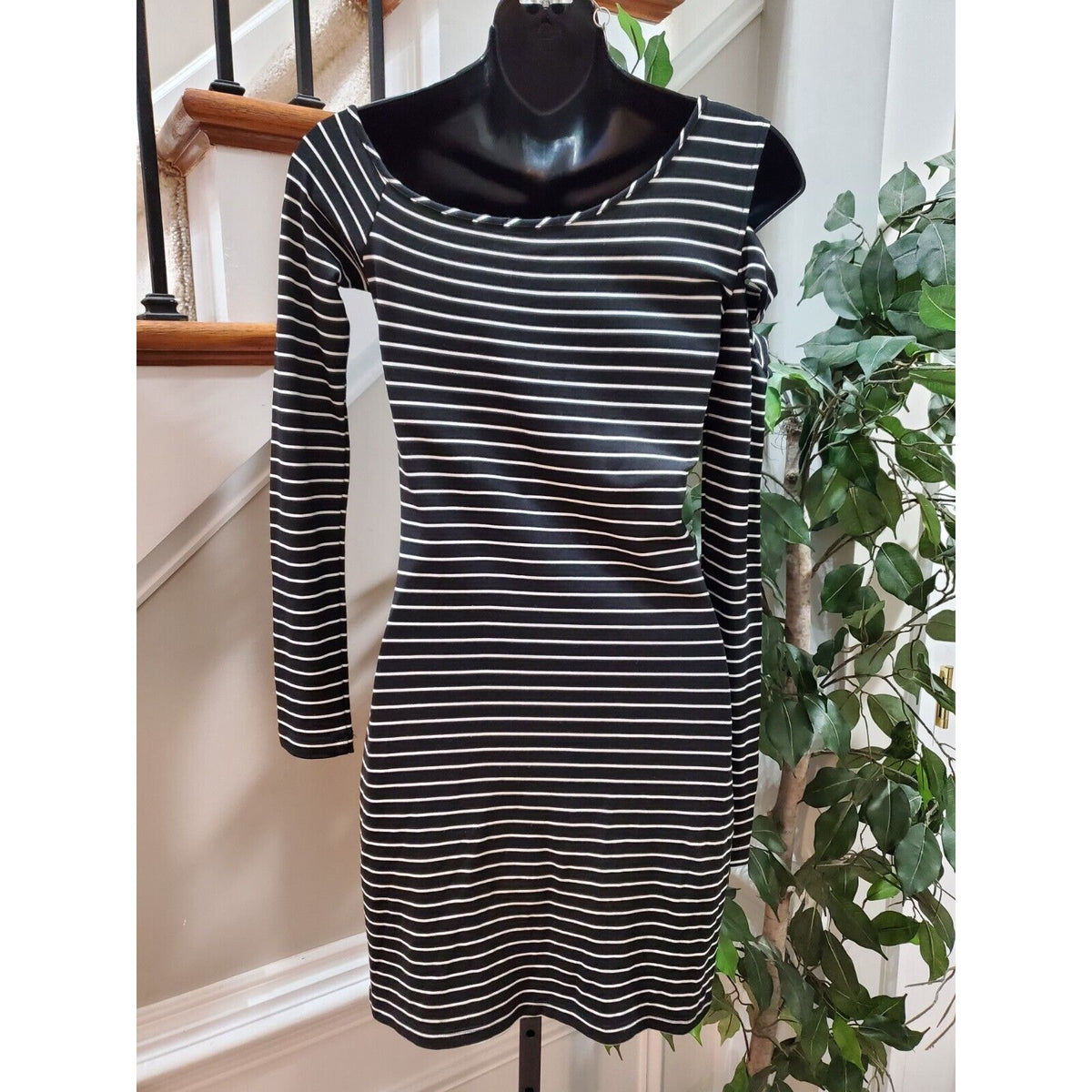 Torn by Ronny Kobo Off Shoulder Black Striped CutOut Sleeve Knee Length Dress XS