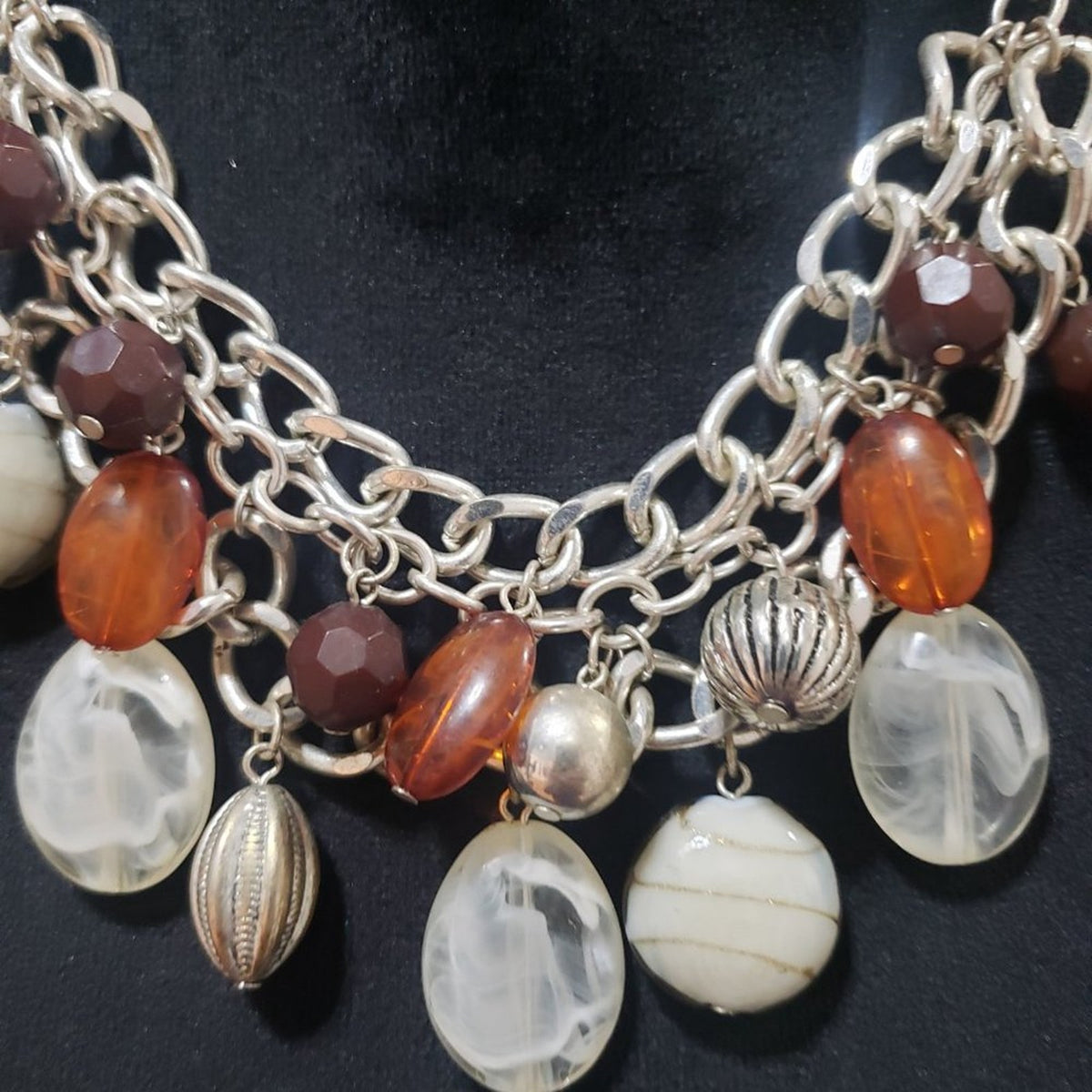 Womens Fashion Silver Tone Clear Glass Brown Polished Stone Beaded Bib Necklace