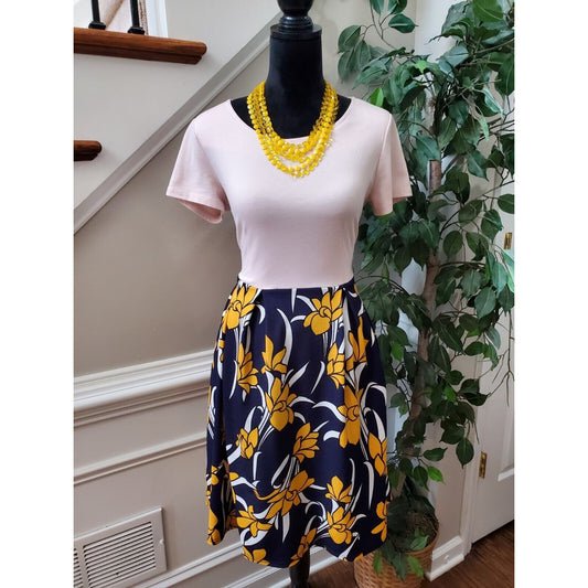 Vintage Oxiuly Blue Yellow Puffy Swing Knee Length Dress W/ Pockets Size M