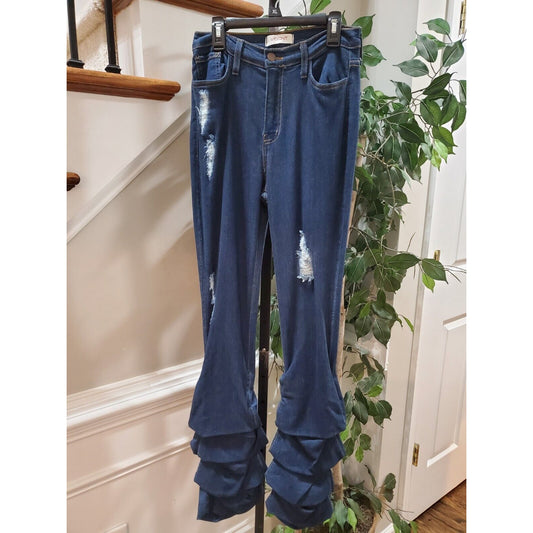 Vibrant Womens Stacked Blue Denim Rayon Distressed Pockets Pull On Jeans Large