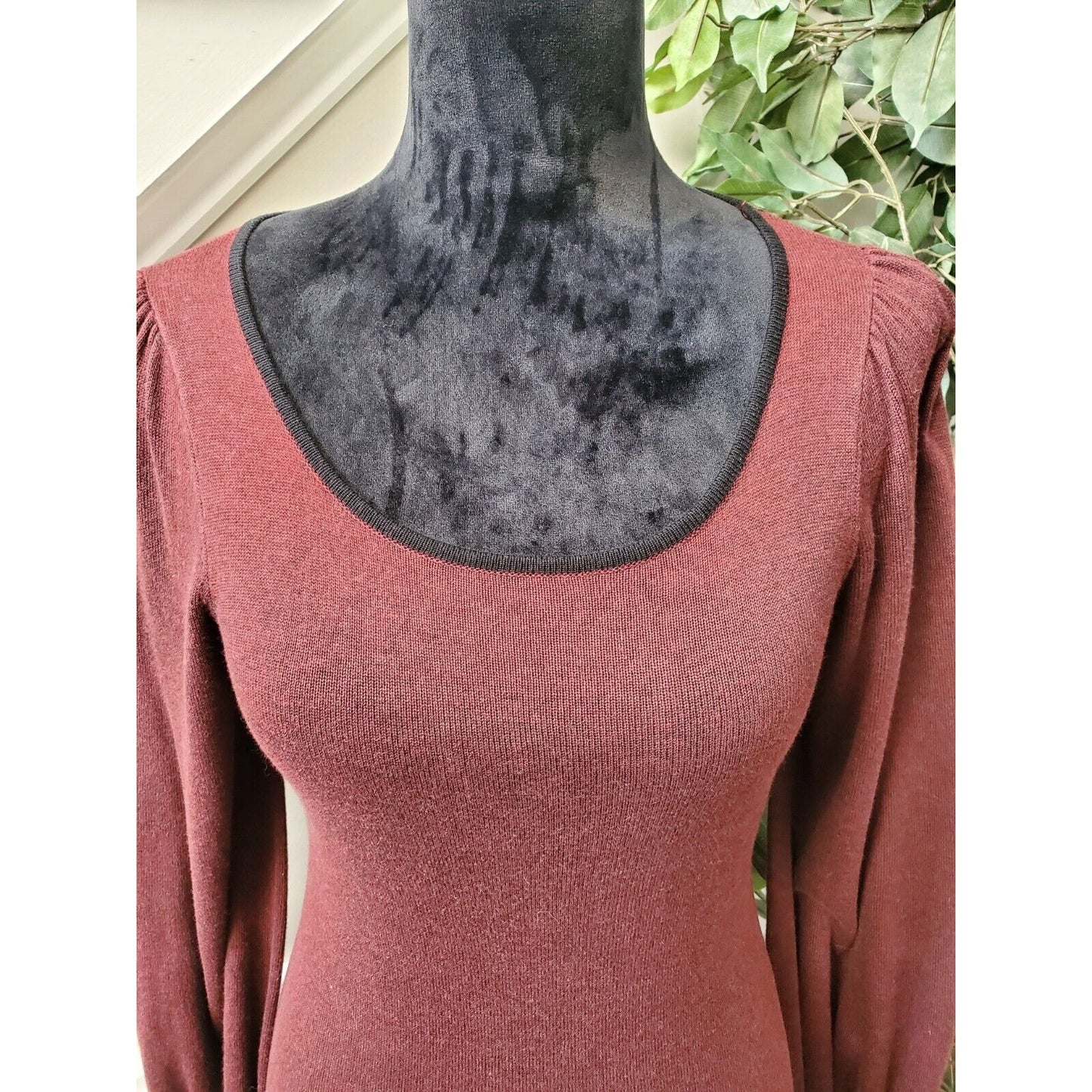 Max Studio Sweater Maroon Cotton Scoop Neck Long Sleeve Knee Length Dress XS