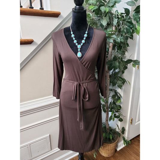 Talbots Womens Brown Solid Rayon V-Neck Long Sleeve Knee Length Dress Size Small