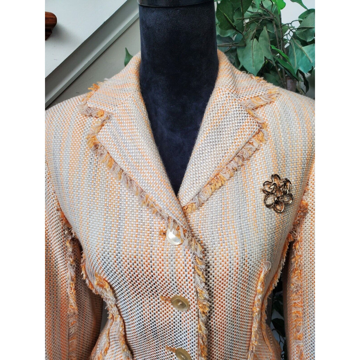 Larry Levine Yellow Long Sleeve Fringe Detailed Single Breasted Coat Size 8