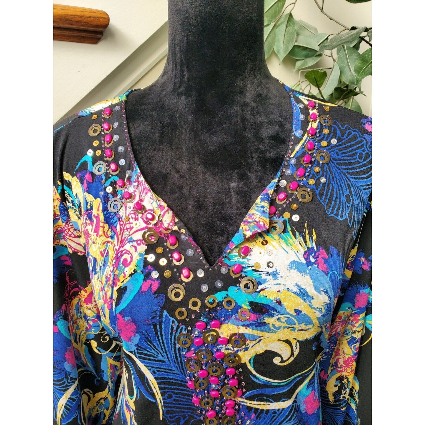 Style & Co. Women's Blue & Black Polyester V-Neck Long Sleeve Top Blouse Size L