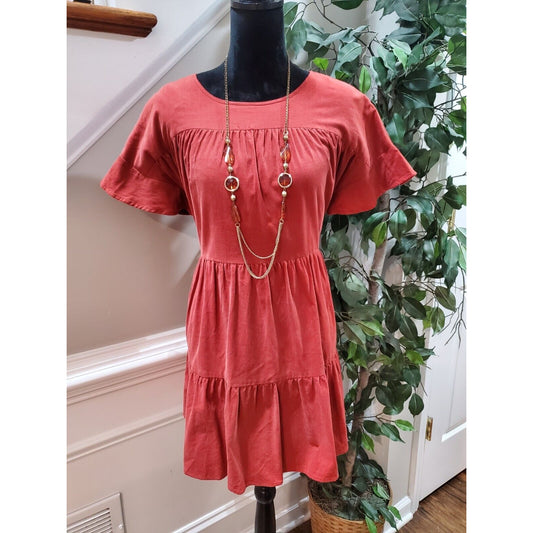 Very J Women Red Cotton Round Neck Short Sleeve Casual Knee Length Dress Small