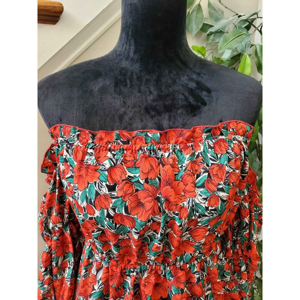 SHEIN Women Red Floral 100% Polyester Off The Shoulder Long Sleeve Top Blouse L