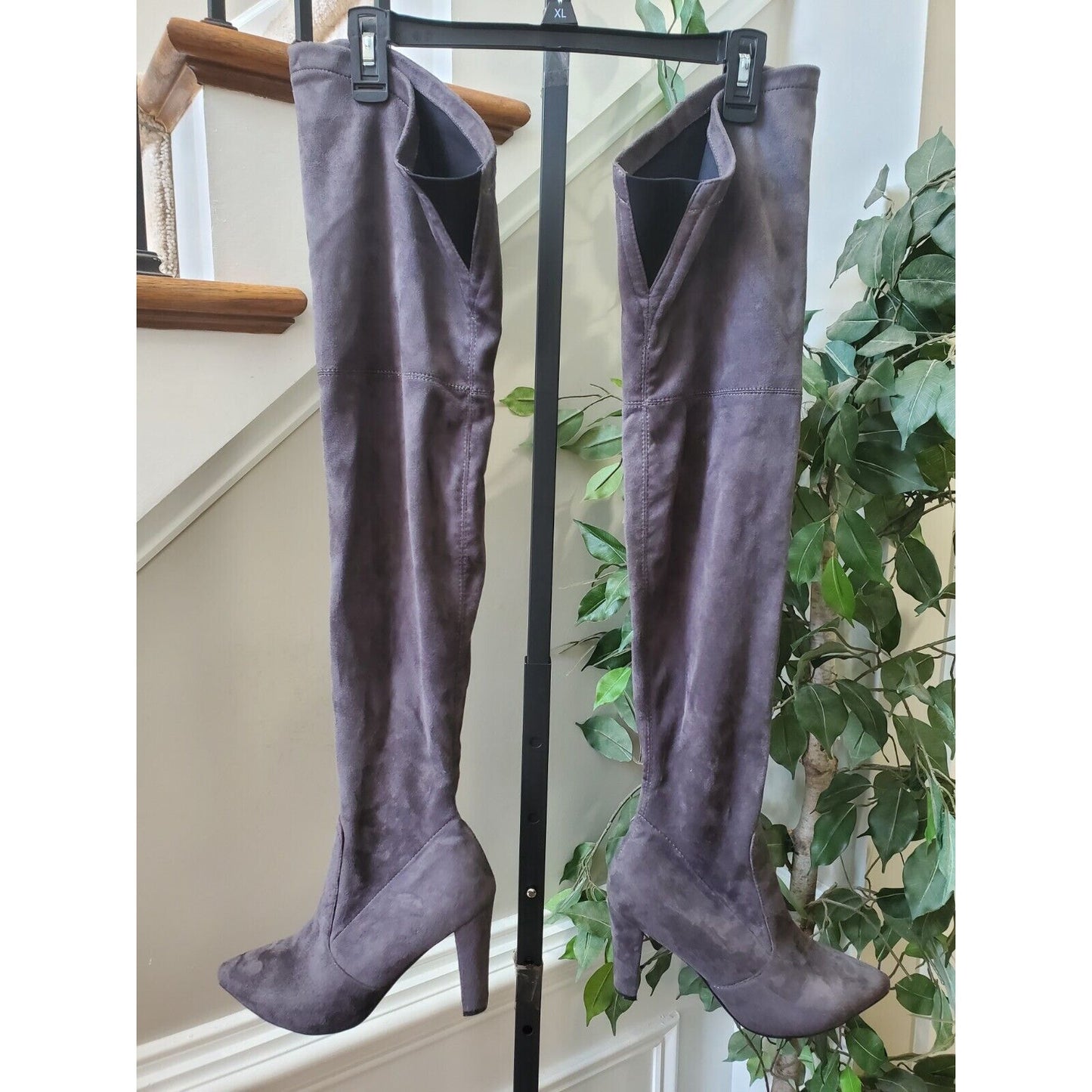 Gray Women's Suede Leather Pointed Toe Block Heel Knee High Boots Size 41 (9.5)