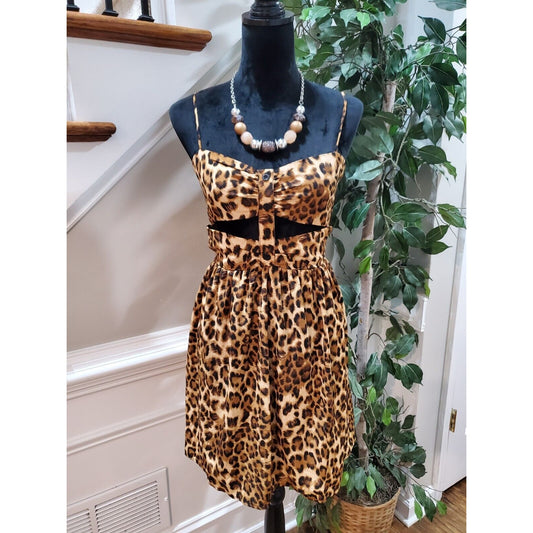 PRETTYLITTLETHING Brown Leopard Print Bow Back Knee Length Skater Dress Size 14