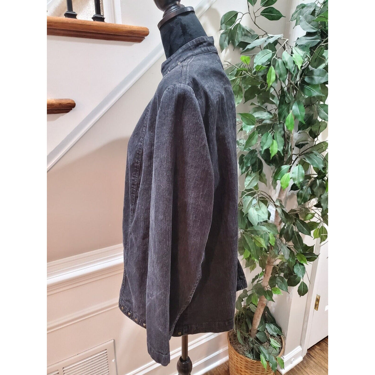 Alfred Dunner Women Gray Denim Ramie Long Sleeve Full Zip Casual Jacket Size 16W