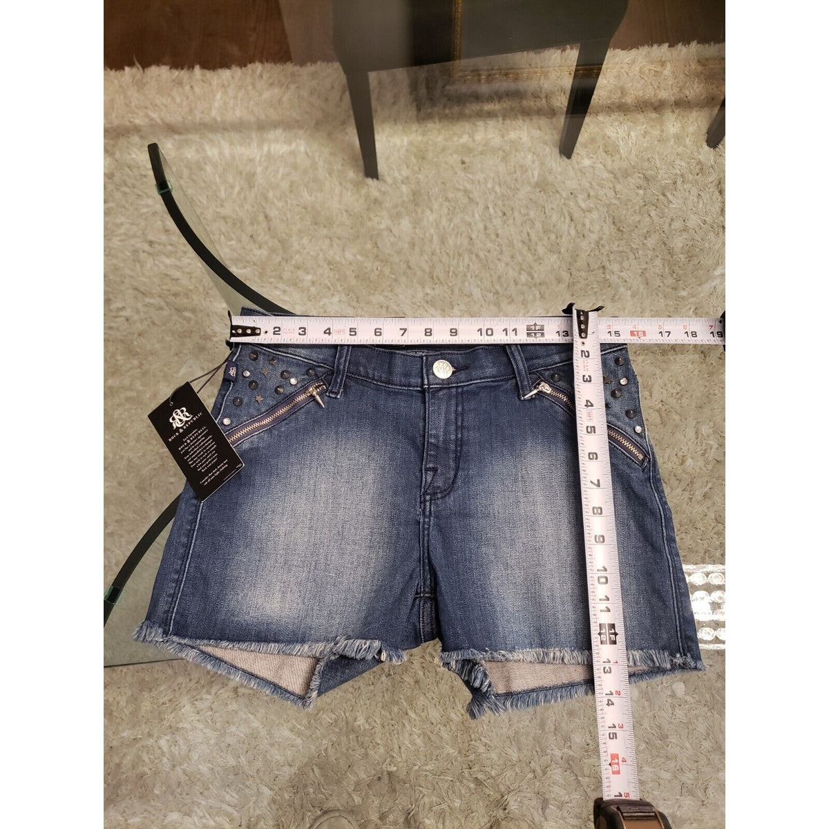 Rock & Republic Womens Lala Blue Denim Studded Cotton Straight Leg Shorts Size 8