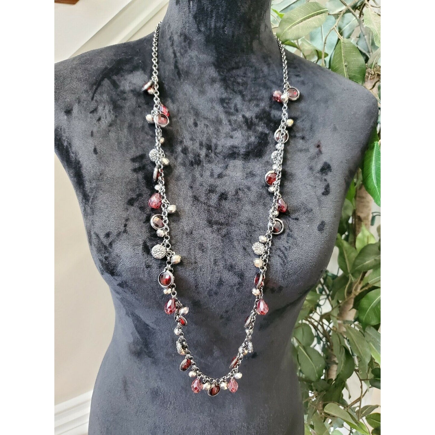 Women's Dark Red Stone with Silver Chain Necklace