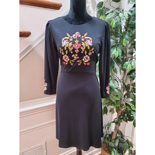 Loft Women's Black Floral Rayon Round Neck Long Sleeve Knee Length Dress Size 6P