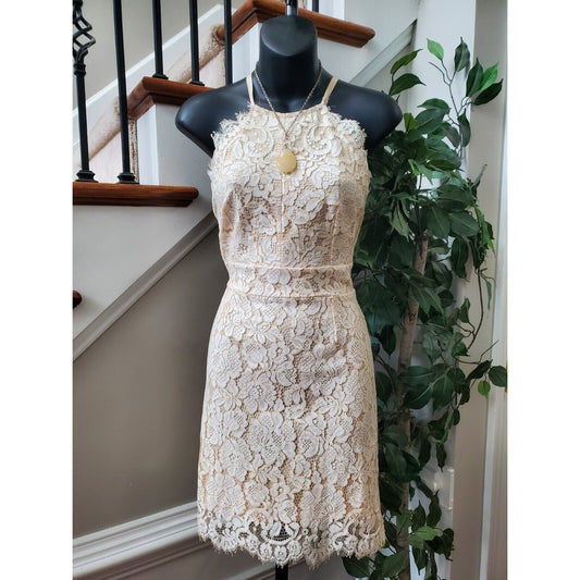 Dress Forum Ivory Lace Scalloped High Neck Midi Criss Cross Back Dress Size S
