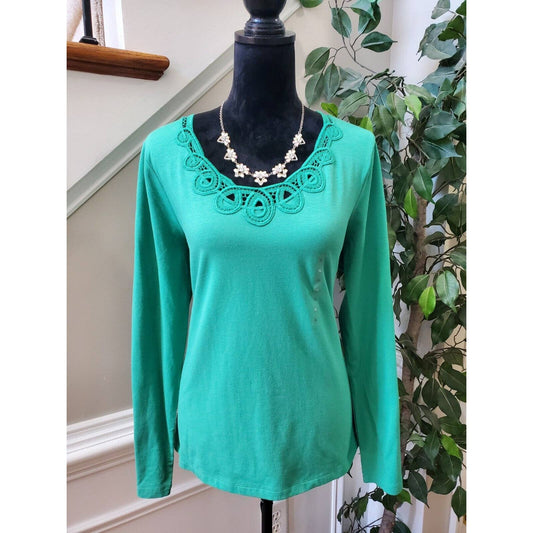 Liz Claiborne Women's Green Cotton Round Neck Long Sleeve Top Shirt Size X-Large