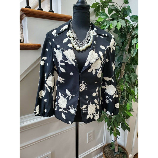 Peck & Peck Womens Black Floral Linen Long Sleeve Fitted Casual Blazer Size 14