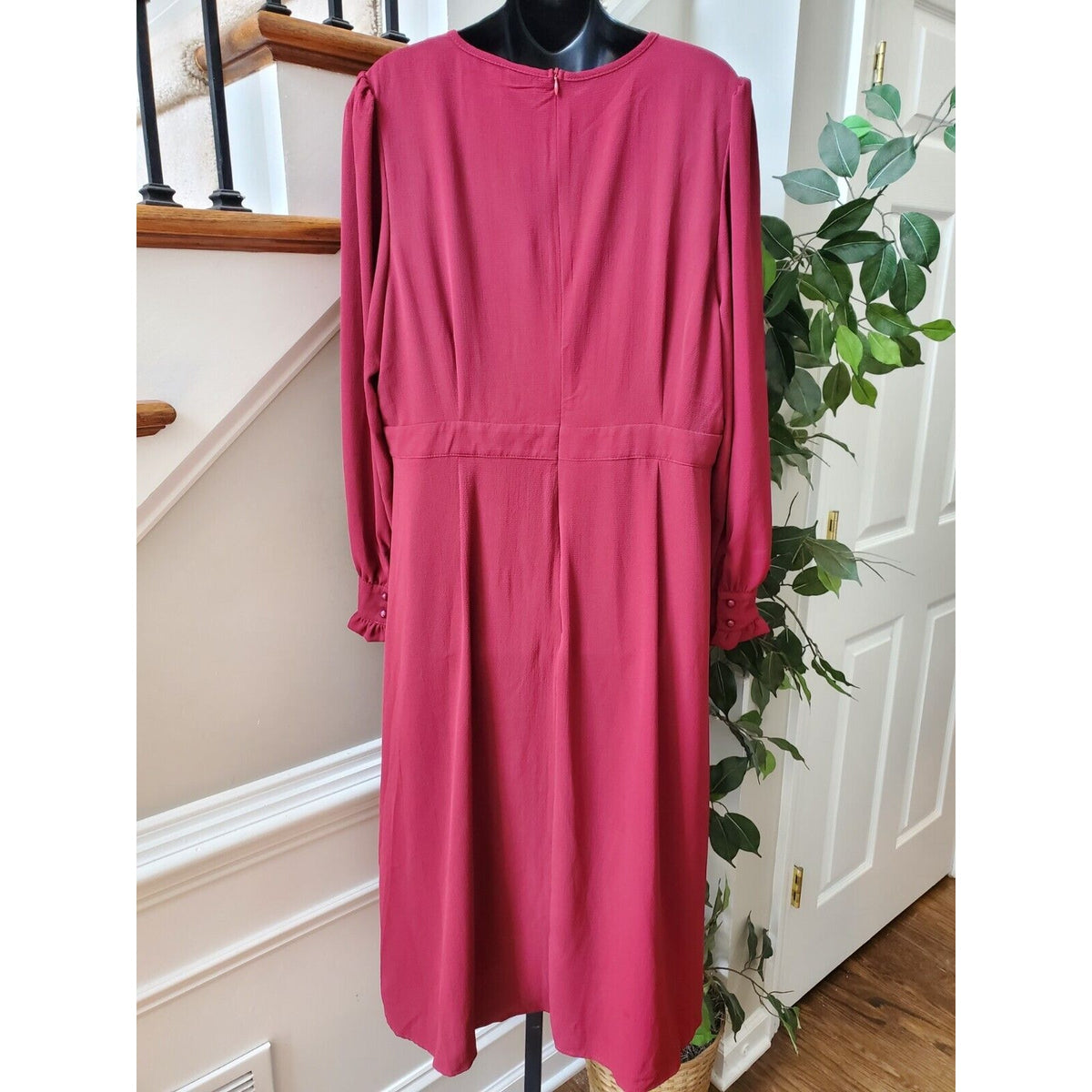 SHELN Curve Women's Red Elastane Round Neck Long Sleeve Long Maxi Dress Size L
