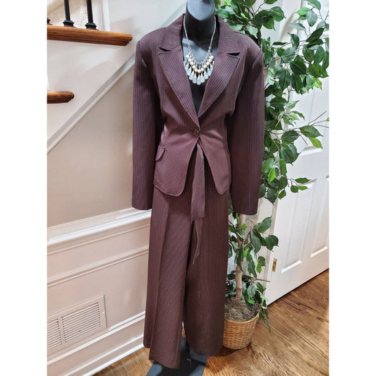 K.C. Spencer Women Brown Polyester Single Breasted Jacket & Pant 2 Piece Suit 18