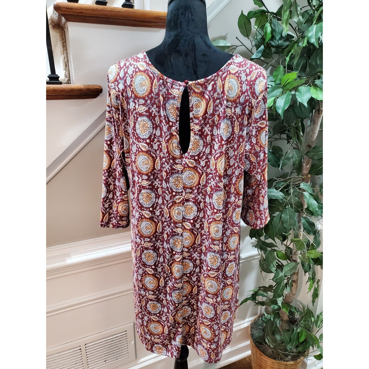 Three Pink Hearts Burgundy Key Hole Round Neck Long Sleeve Casual Top Blouse XL