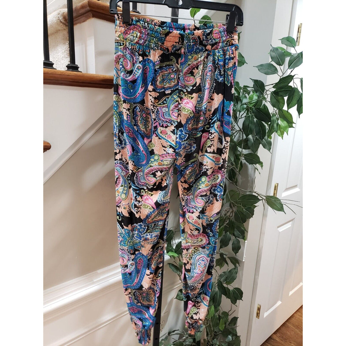Womens Multi Paisley Pockets Elastic Waist Drawstring Casual Jogger Pants Small