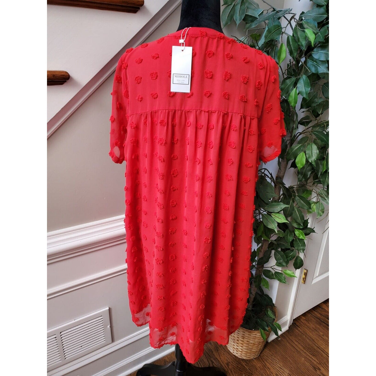 Miholl Red Pom Pom Babydoll Polyester V-Neck Short Sleeve Dress X-Large