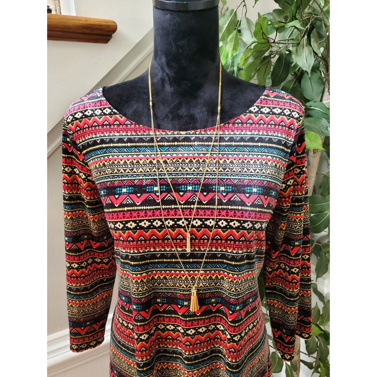 Signature Womens Multicolor Polyester Round Neck Long Sleeve Knee Length Dress M