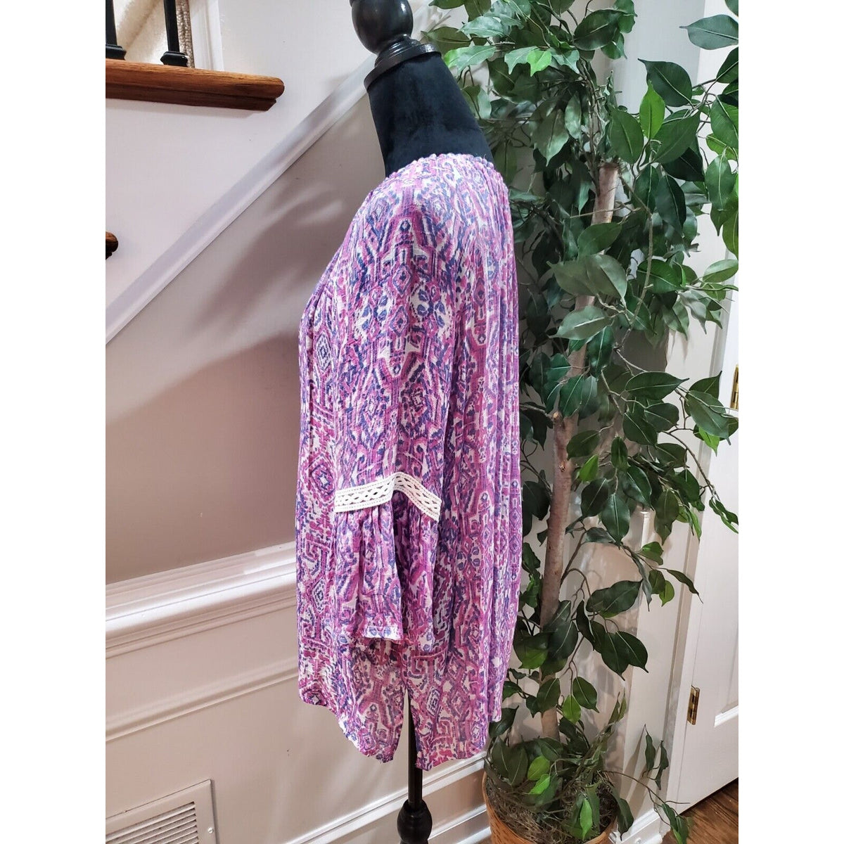 New Directions Women Purple Polyester V-Neck Long Sleeve Casual Top Blouse Large