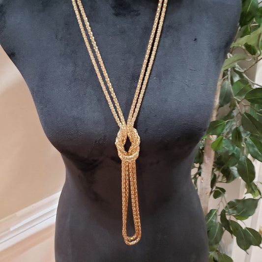 Womens Fashion Snake Chain Gold Tone Two Strand Knot Lariat Long Collar Necklace