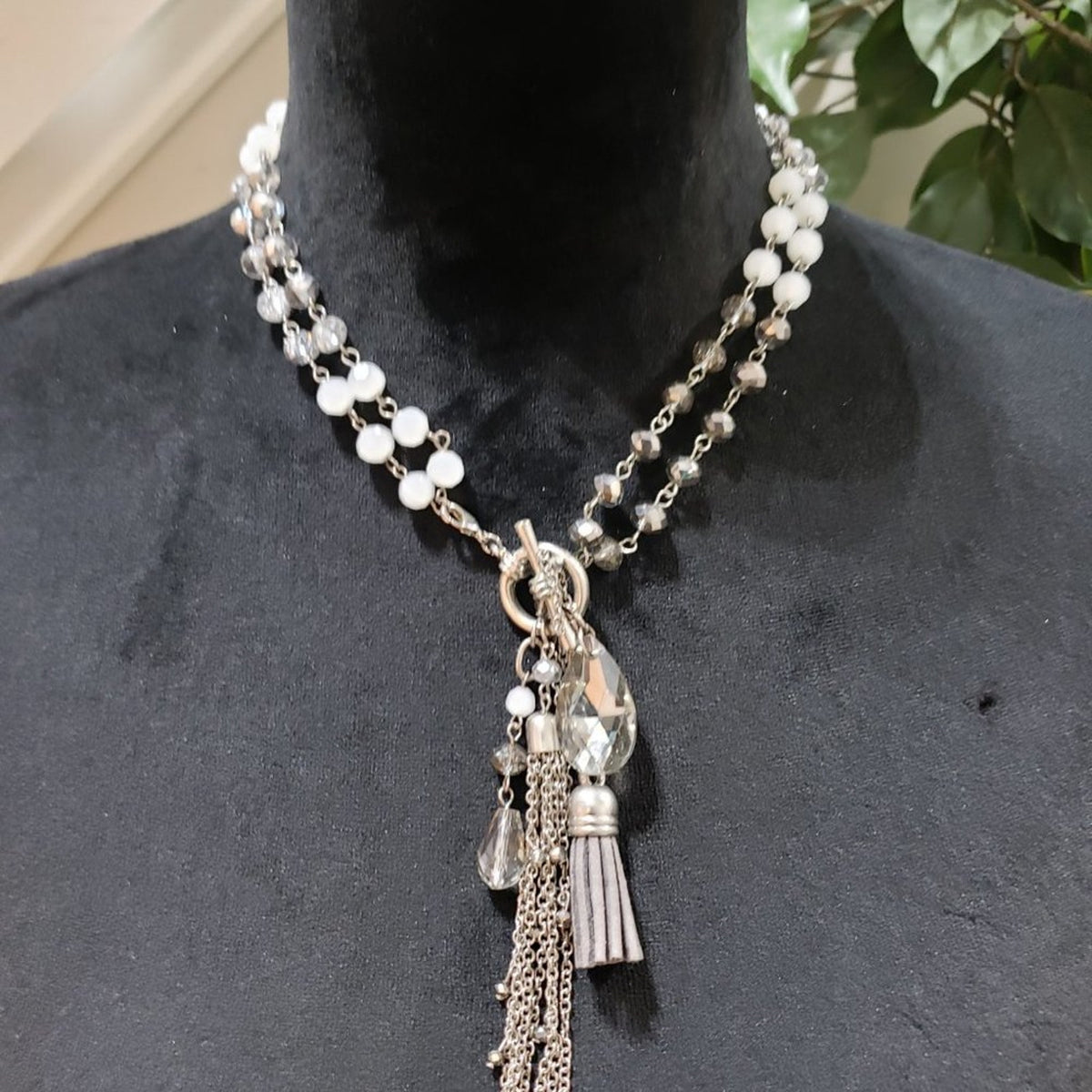 Womens Bohemian Beaded Crystal Two Strand Front Toggle Tassel Pendant Necklace