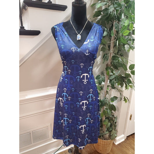 Womens Blue Polyester Sleeveless Casual V Neck Knee Length Dress Size Medium