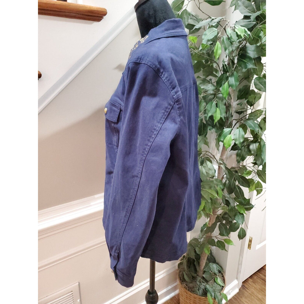 Denim & Company Women's Blue Cotton Buttons Front Long Sleeve Casual Jacket L
