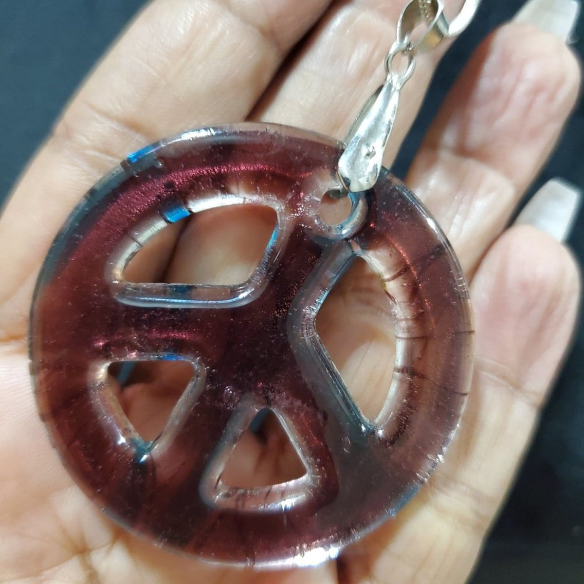 Women's Gold & Blue Peace Sign Murano Glass Style Pendant Necklace
