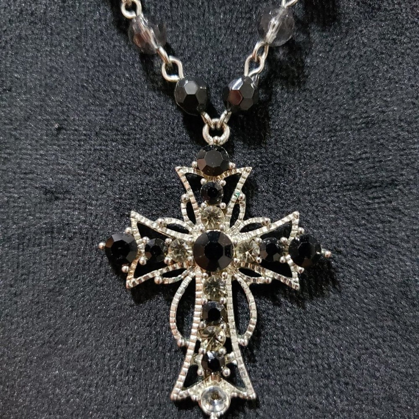 Womens Fashions Black Silver Glass Beaded Cross Collar Necklace w/Lobster Clasp