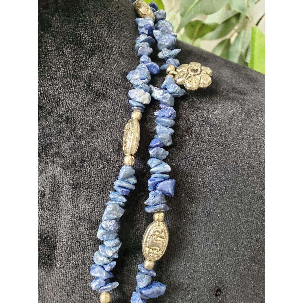 Women's Vintage Blue Stone Chips With Charms Long Fashion Jewelry Necklace