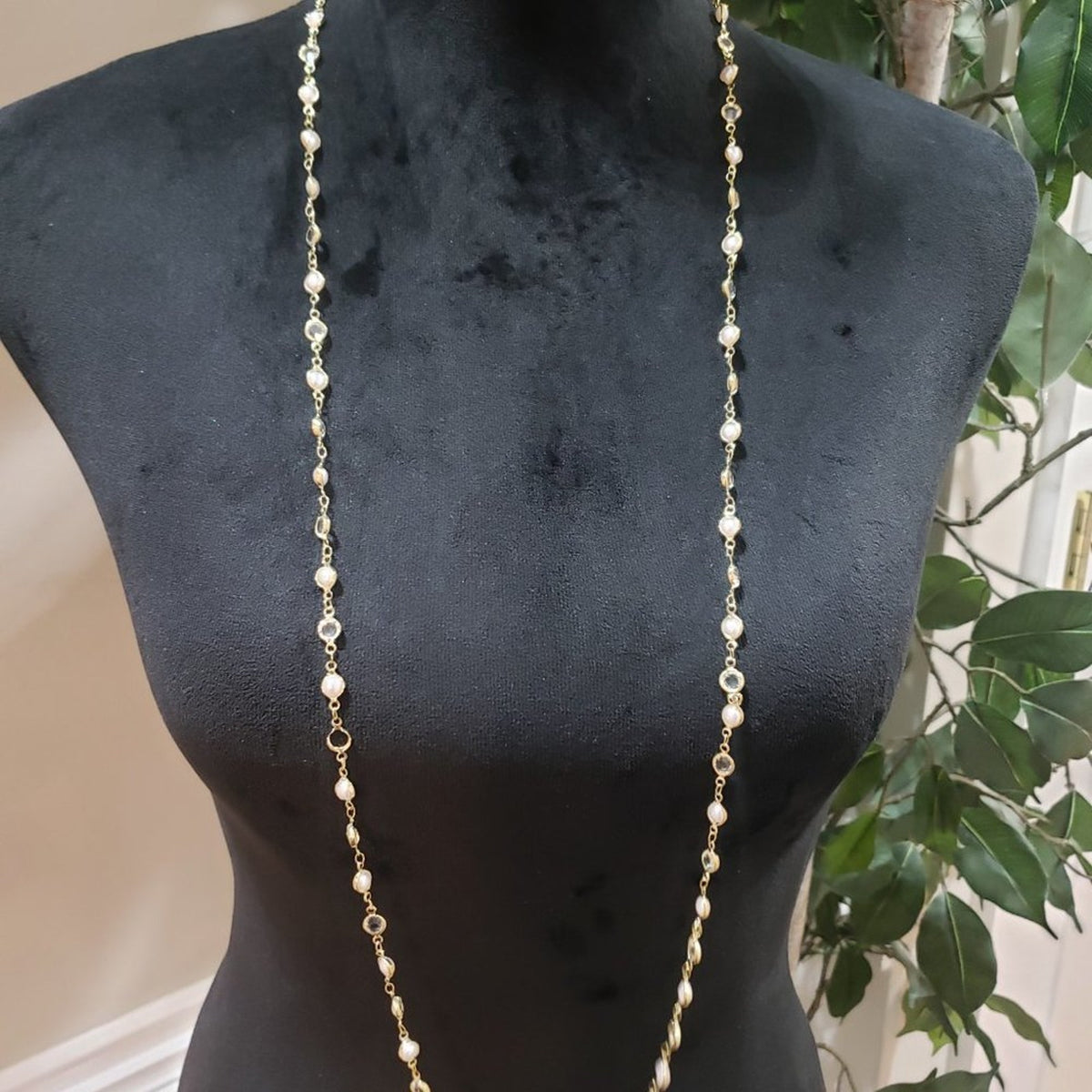 Womens Fashion Yellow Gold and Faux Pearl Beads Long Necklace w/ Lobster Clasp