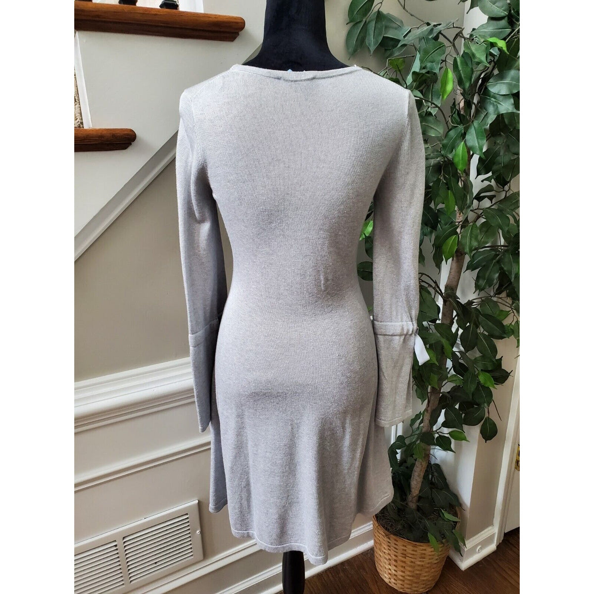 CeCe Women's Gray Cotton Round Neck Long Sleeve Casual Knee Length Dress Size XS