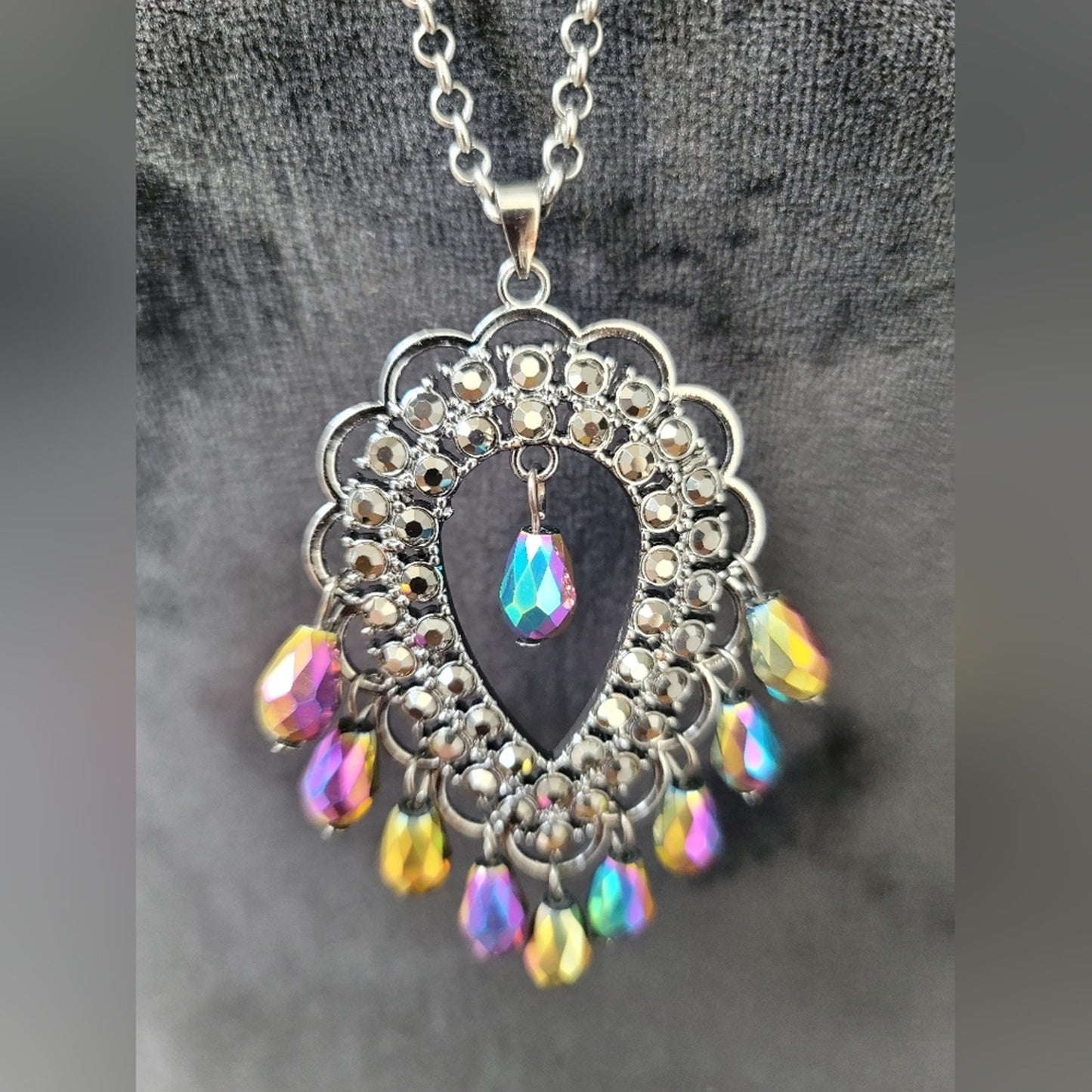 Long Pewter Iridescent Fashion Necklace