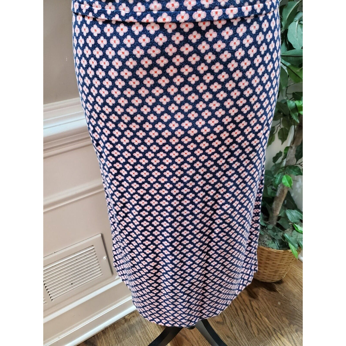 Blue Floral Polyester Round Neck Sleeveless Casual Knee Length Dress Medium