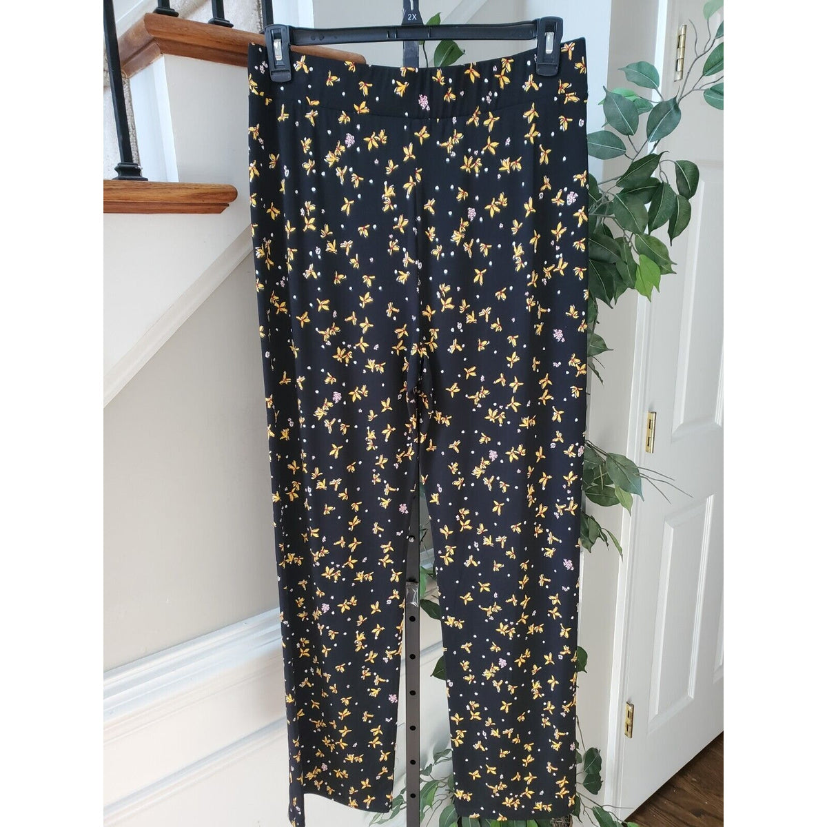 Grace Elements Womens Black Floral Polyester Casual Elastic Waist Pants Large